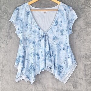 Womens Top XL Blue Floral Babydoll Y2K Fairy Romantic Handkerchief Hem Coquette
